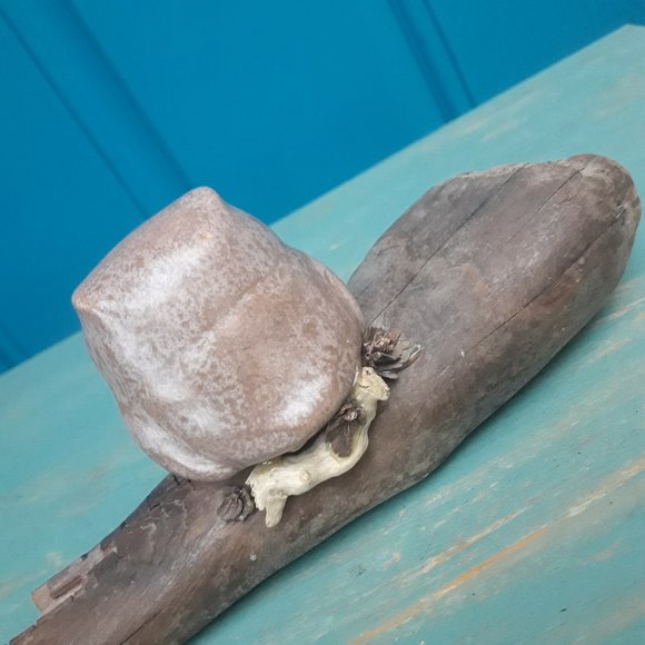 Pottery Clay Owl on Driftwood Artist Signed Glass Eyes Bird Themed Art - Picture 10 of 15
